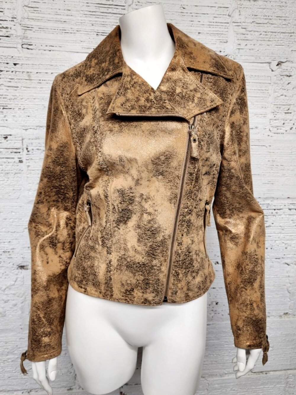 Cripple Creek Size M 100% Leather Metallic Sparkling Bronze Gold Moto Jacket